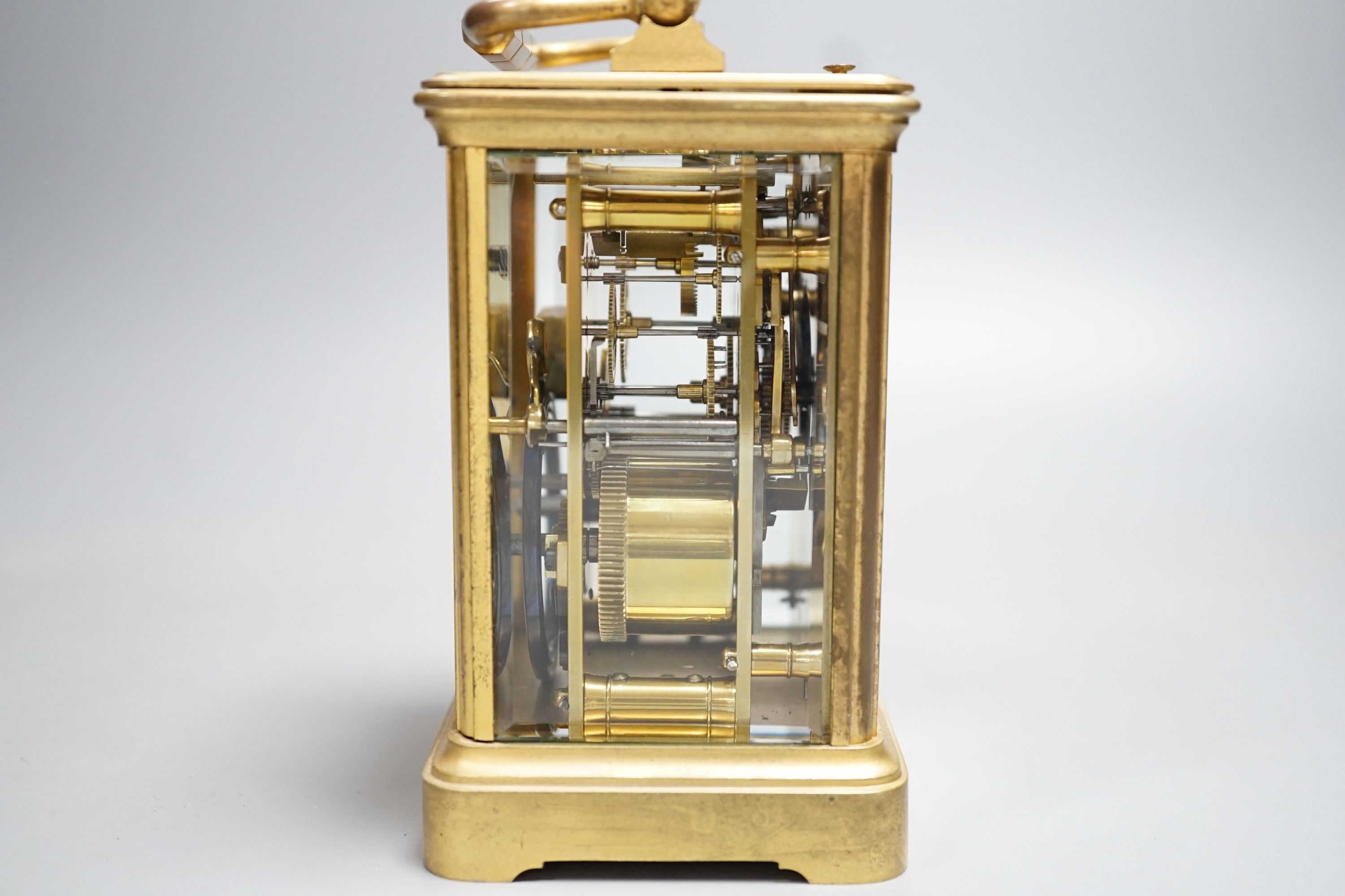 A French gilt brass carriage clock with push repeat, examined by Dent. 13cm (handle down)